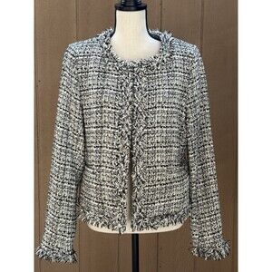 New Cynthia Rowley Fringe Collared Lined Blazer Jacket Black-White Size L